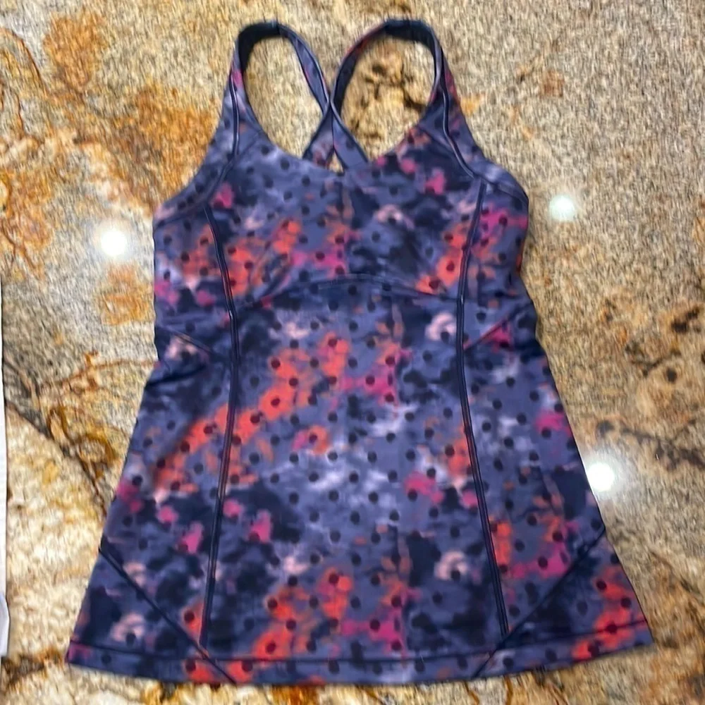 Lululemon Kanto Catch Me Tank Top pink purple polka dot cross back